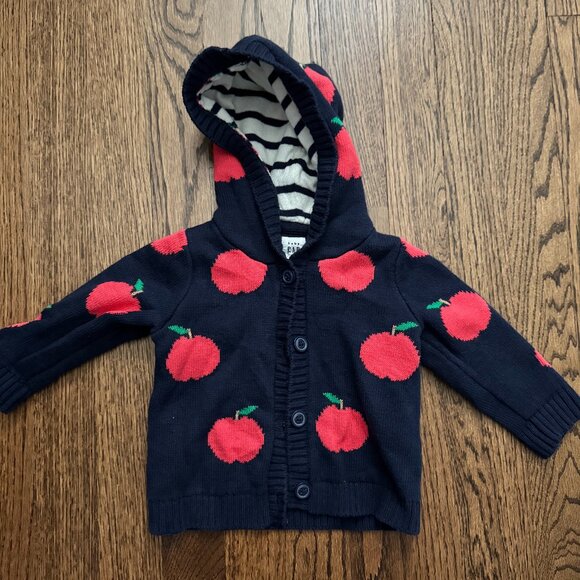 Baby Gap Hooded Button-Up Sweater - 3-6M - Navy Blue with Apple Print - Picture 1 of 3